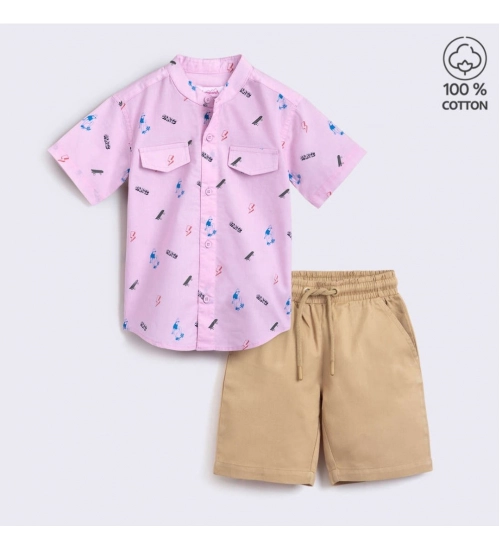 Generic Boy's Cotton Blend Printed Short Sleeve Shirt and Shorts Set (Pink)