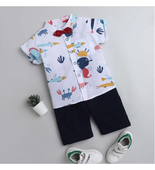 Generic Boy's Cotton Blend Printed Short Sleeve Shirt and Shorts Set (White)