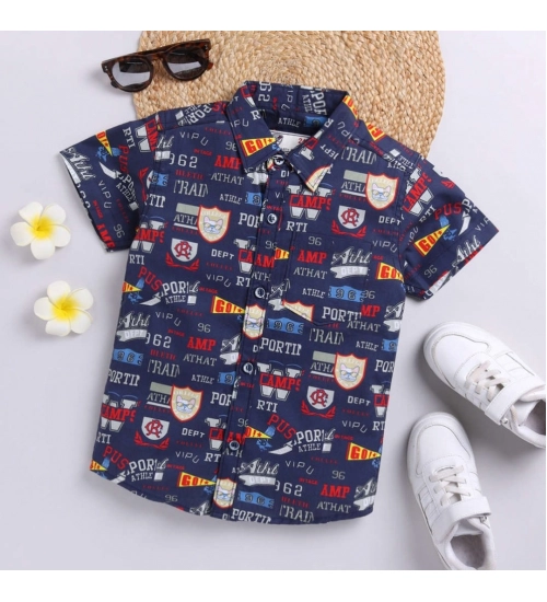 Generic Boy's Cotton Blend Printed Short Sleeve Shirt (Navy Blue)