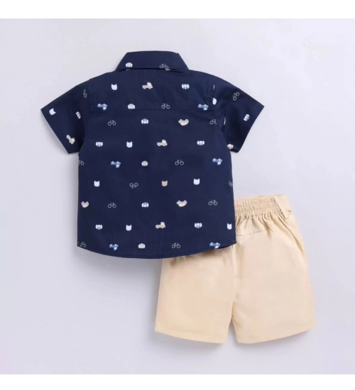 Generic Boy's Cotton Blend Printed Short Sleeve Shirt and Shorts Set (Navy Blue)