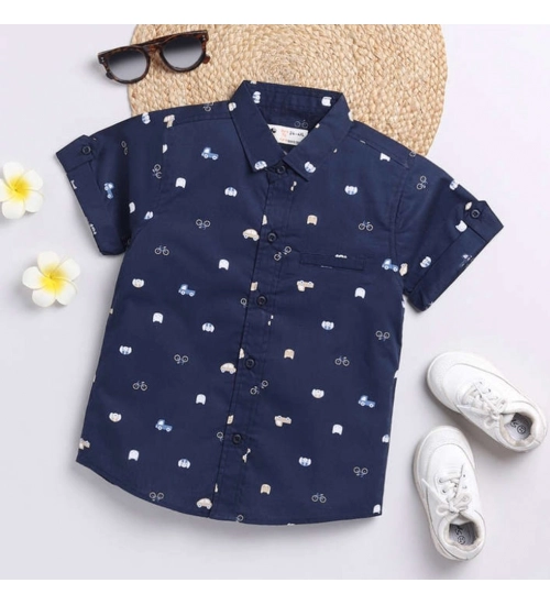 Generic Boy's Cotton Blend Printed Short Sleeve Shirt (Navy Blue)
