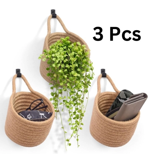 Generic Cotton Hanging Storage Small Basket Pack of 3 Storage Basket For Clothes (Brown)