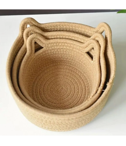 Generic Cotton Cat Basket Pack of 3 Storage Basket For Clothes (Brown)