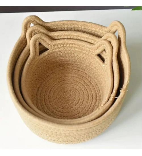 Generic Cotton Cat Basket Pack of 3 Storage Basket For Clothes (Brown)