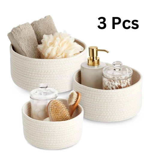 Generic Cotton Round Basket Pack of 3 Storage Basket For Clothes (White)