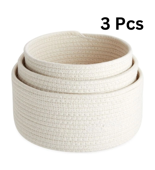 Generic Cotton Round Basket Pack of 3 Storage Basket For Clothes (White)