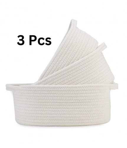 Generic Cotton Oval Basket Pack of 3 Storage Basket For Clothes (White)