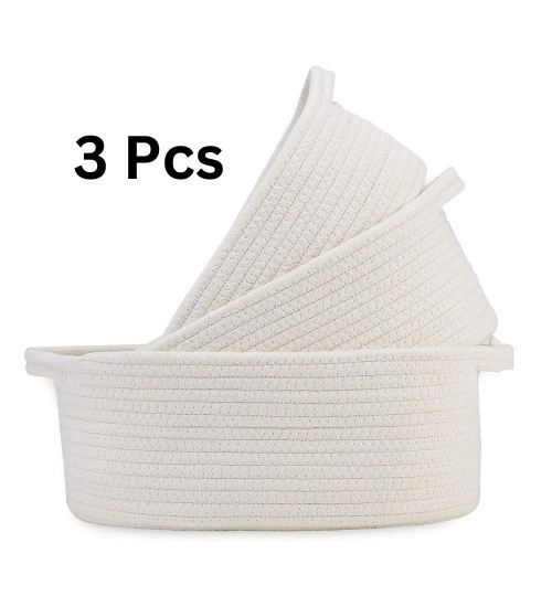 Generic Cotton Oval Basket Pack of 3 Storage Basket For Clothes (White)