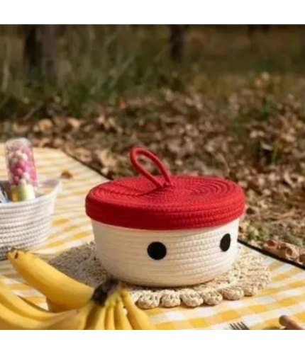 Generic Cotton Box Red Lid Inch Pack of 1 Storage Basket For Clothes (White)