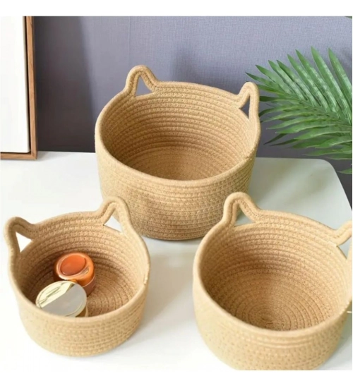 Generic Cotton Cat Basket Pack of 3 Storage Basket For Clothes (Brown)