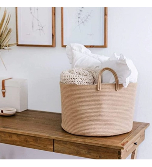 Generic Cotton Laundry Basket Pack of 1 Storage Basket For Clothes (Beige)