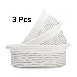Generic Cotton Zigzag Oval Basket Pack of 3 Storage Basket For Clothes (White)