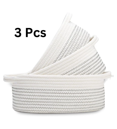 Generic Cotton Zigzag Oval Basket Pack of 3 Storage Basket For Clothes (White)