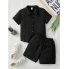 Generic Boy's Popcorn Solid Short Sleeve Shirt And Shorts Set (Black)