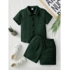 Generic Boy's Popcorn Solid Short Sleeve Shirt And Shorts Set (Green)