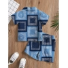 Generic Boy's Twill Cotton Printed Short Sleeve Shirt And Shorts Set (Blue)