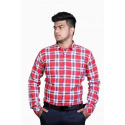 Generic Men's Cotton Lycra Full Sleeve Checked Casual Shirt (Red White)