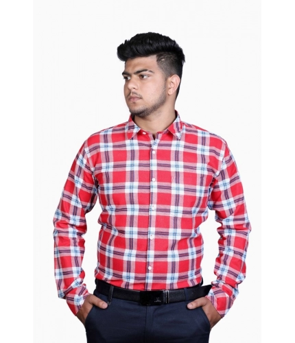 Generic Men's Cotton Lycra Full Sleeve Checked Casual Shirt (Red White)