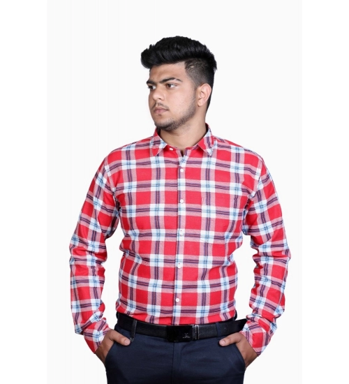 Generic Men's Cotton Lycra Full Sleeve Checked Casual Shirt (Red White)