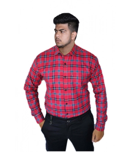 Generic Men's Cotton Lycra Full Sleeve Checked Casual Shirt (Red )