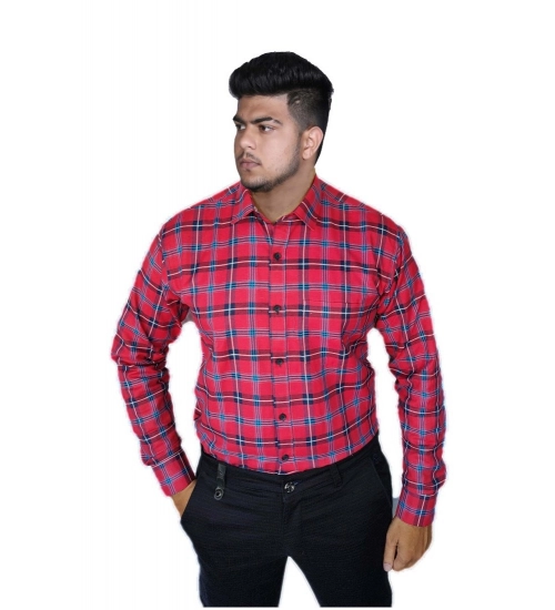 Generic Men's Cotton Lycra Full Sleeve Checked Casual Shirt (Red )