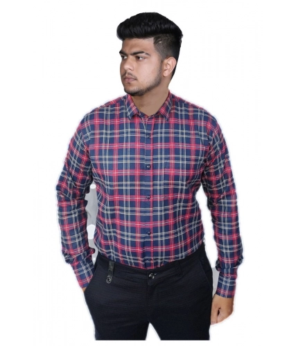Generic Men's Cotton Lycra Full Sleeve Checked Casual Shirt (Red )