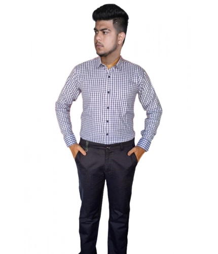 Generic Men's Cotton Lycra Full Sleeve Checked Casual Shirt (White)