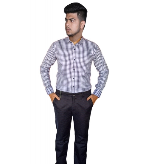 Generic Men's Cotton Lycra Full Sleeve Checked Casual Shirt (White)