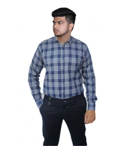 Generic Men's Cotton Lycra Full Sleeve Checked Casual Shirt (Navy Blue)