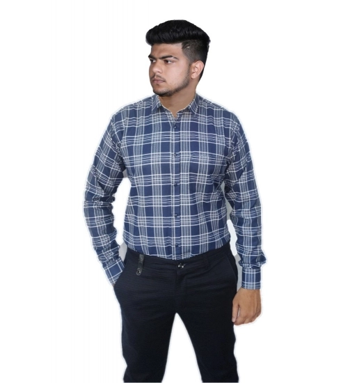Generic Men's Cotton Lycra Full Sleeve Checked Casual Shirt (Navy Blue)