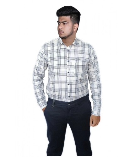 Generic Men's Cotton Lycra Full Sleeve Checked Casual Shirt (White)