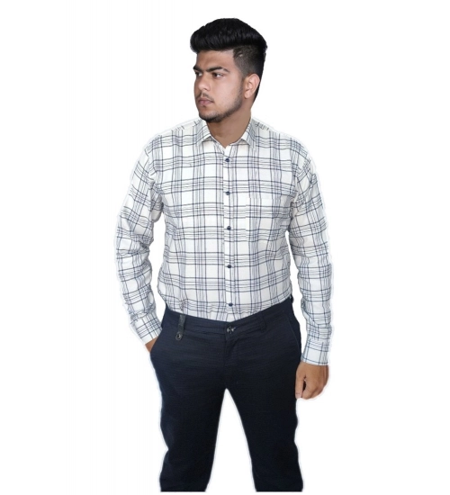 Generic Men's Cotton Lycra Full Sleeve Checked Casual Shirt (White)