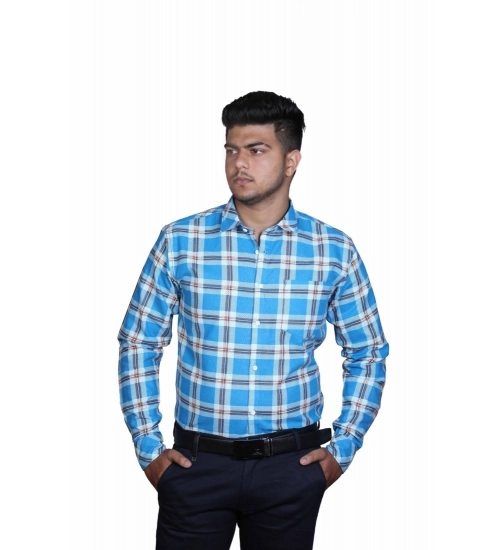 Generic Men's Cotton Lycra Full Sleeve Checked Casual Shirt (Blue White)