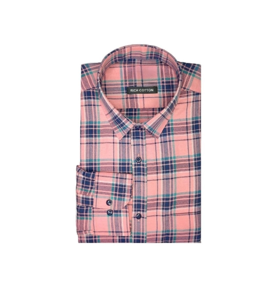 Generic Men's Cotton Lycra Full Sleeve Checked Casual Shirt (Peach)