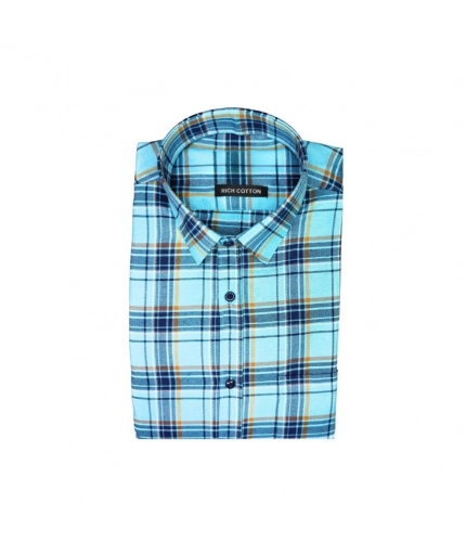 Generic Men's Cotton Lycra Full Sleeve Checked Casual Shirt (Turquoise)