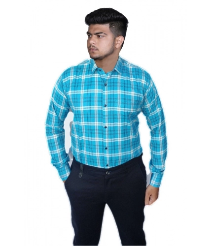 Generic Men's Cotton Lycra Full Sleeve Checked Casual Shirt (Sky Blue)