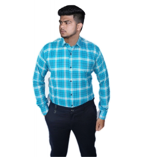Generic Men's Cotton Lycra Full Sleeve Checked Casual Shirt (Sky Blue)