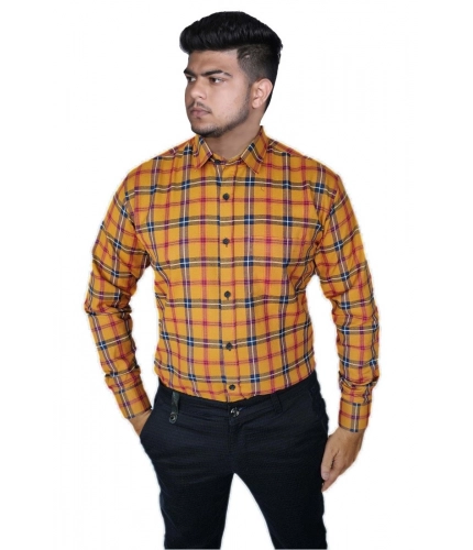 Generic Men's Cotton Lycra Full Sleeve Checked Casual Shirt (Orange)