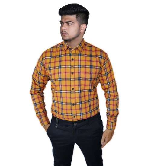 Generic Men's Cotton Lycra Full Sleeve Checked Casual Shirt (Orange)