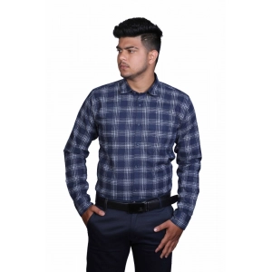 Generic Men's Cotton Lycra Full Sleeve Checked Casual Shirt (Navy Blue)