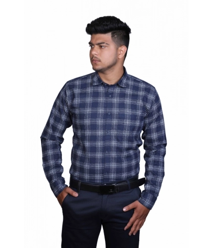 Generic Men's Cotton Lycra Full Sleeve Checked Casual Shirt (Navy Blue)