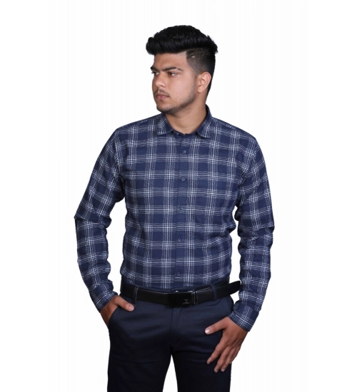 Generic Men's Cotton Lycra Full Sleeve Checked Casual Shirt (Navy Blue)
