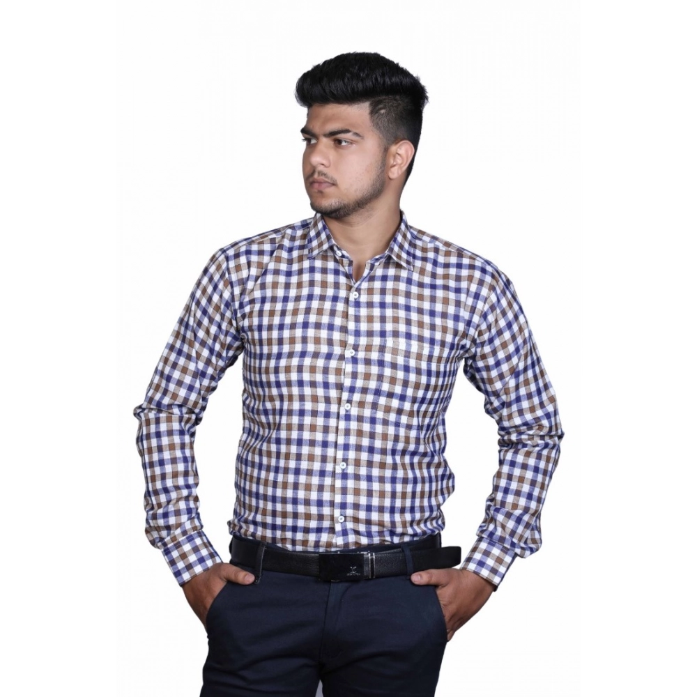 Generic Men's Cotton Lycra Full Sleeve Checked Casual Shirt (Brown Blue) Generic Men's Cotton Lycra Full Sleeve Checked Casual Shirt (Brown Blue)