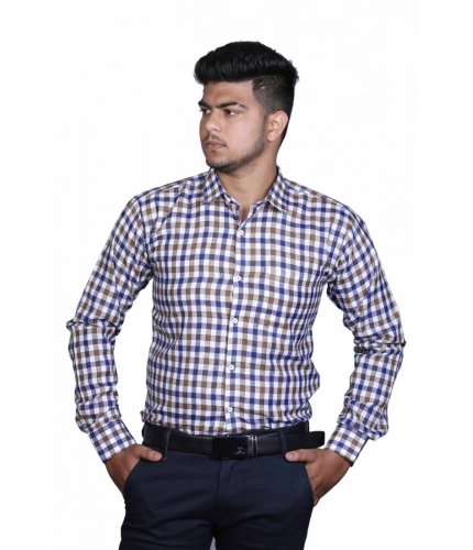 Generic Men's Cotton Lycra Full Sleeve Checked Casual Shirt (Brown Blue)