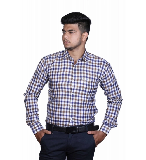 Generic Men's Cotton Lycra Full Sleeve Checked Casual Shirt (Brown Blue)
