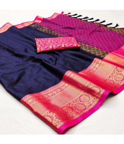 Generic Women's Cotton Silk Floral Print Saree With Unstitched Blouse 5.5Mtr (Navy Blue)