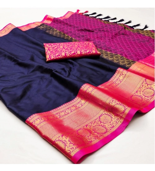 Generic Women's Cotton Silk Floral Print Saree With Unstitched Blouse 5.5Mtr (Navy Blue)