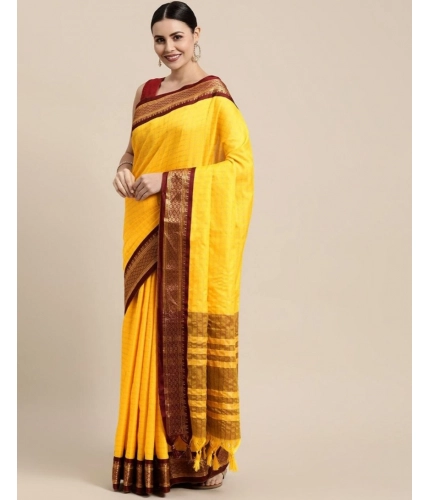 Generic Women's Cotton Silk Checkered Saree With Unstitched Blouse 5.5Mtr (Yellow)