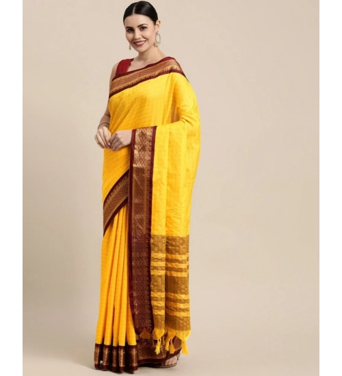 Generic Women's Cotton Silk Checkered Saree With Unstitched Blouse 5.5Mtr (Yellow)