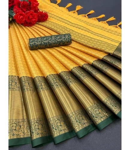 Generic Women's Cotton Silk Woven Design Saree With Unstitched Blouse 5.5Mtr (Mustard)